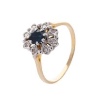 18ct gold ladies ring set diamonds and sapphire, 3.6 grams, size R.