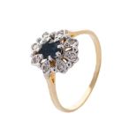 18ct gold ladies ring set diamonds and sapphire, 3.6 grams, size R.