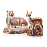 Two Royal Crown Derby paperweight, Doe Deer, 17cm x 13cm high, and Fawn, 13cm high, designed