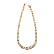 9ct Italian yellow gold flat brick link graduated necklace, 19.4 grams, 43cm long.