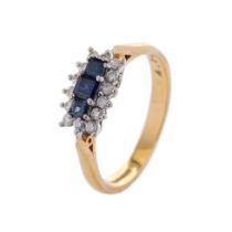 18ct sapphire and diamond ring with three square-cut sapphires surrounded by 14 diamonds, size P/