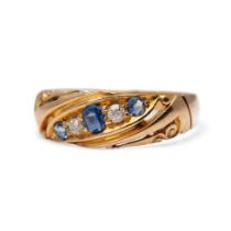 18ct yellow gold ring, set sapphires and diamonds, 2.9 grams, size R/S, Birm 1906. Size adjusted.