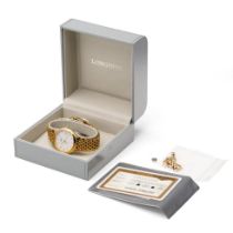 A Longines gentleman's quartz date movement gold plated wristwatch. Model no. 26495828. Round