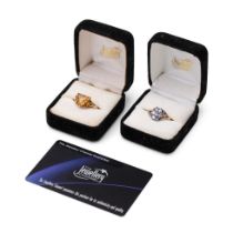 A pair of 9ct gold rings, set citrine and tanzanite, combined 5.7 grams, 1 with certificate (2).