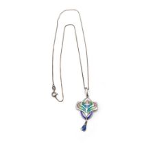 Hallmarked silver enamelled lavalier pendant, Art Nouveau style, 5cm long, on silver chain.