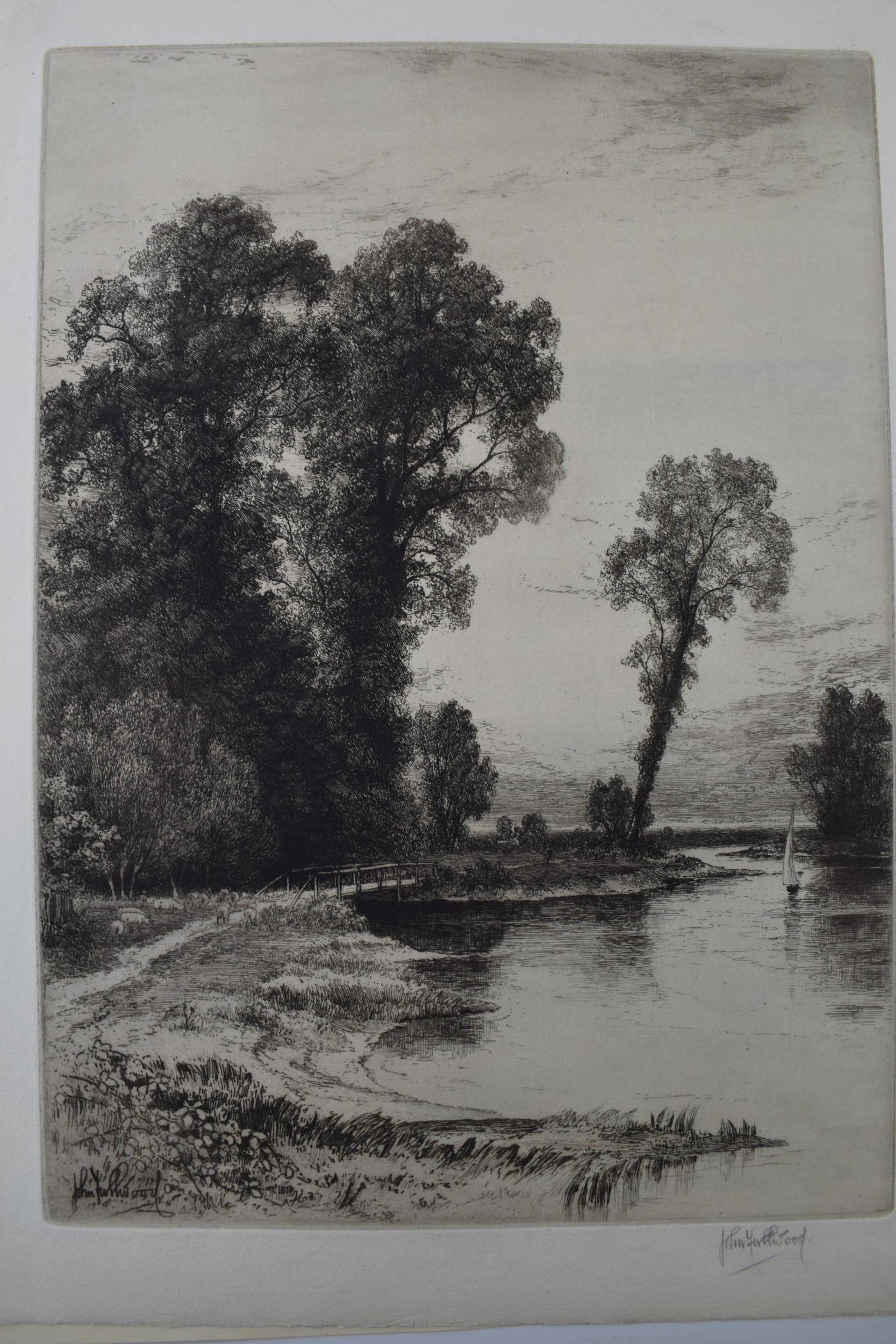 John Fullwodd. F.S.A Three signed etchings depicting river scenes. (3) 36cm x 21cm, 30cm x 24cm - Image 5 of 9
