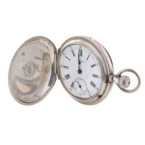 Longines silver full hunter pocket watch marked .800 to inner case. White ceramic dial with Roman