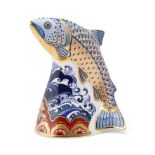 Boxed Royal Crown Derby paperweight, Leaping Salmon, 14.5cm high, available exclusively from