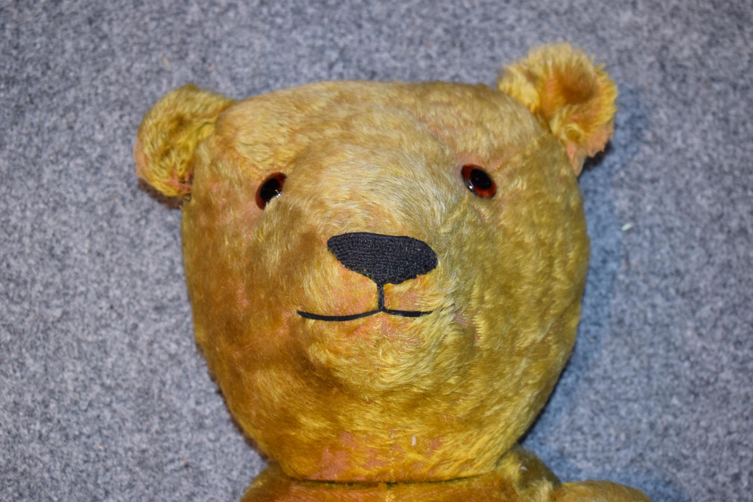 A large early 20th century straw filled teddy bear, circa 1920/30s, with jointed limbs and glass - Bild 4 aus 6