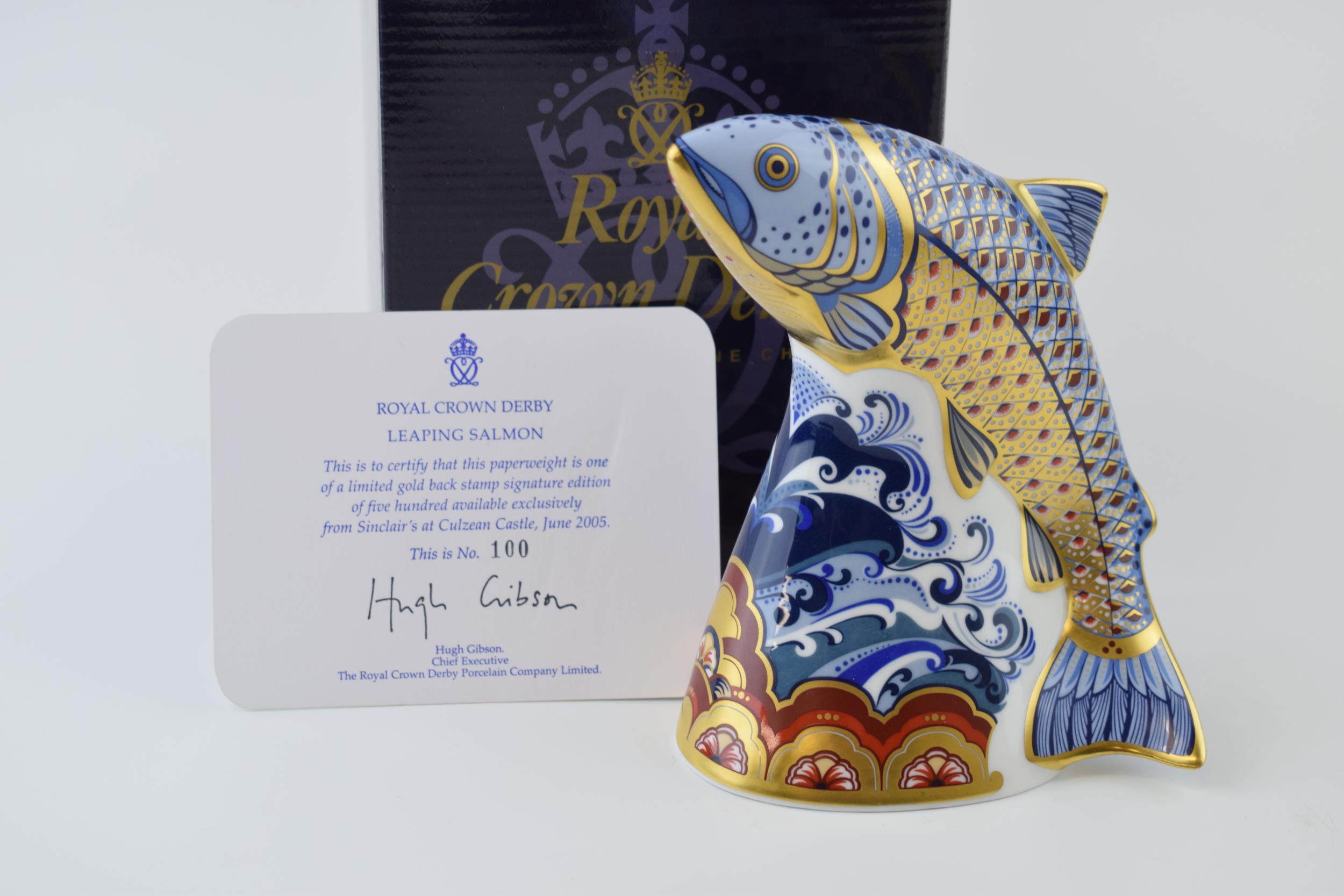 Boxed Royal Crown Derby paperweight, Leaping Salmon, 14.5cm high, available exclusively from - Image 2 of 3