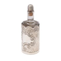 Silver cased glass perfume bottle with silver and cork stopper, Birm 1900, AWP, 14cm tall. Good