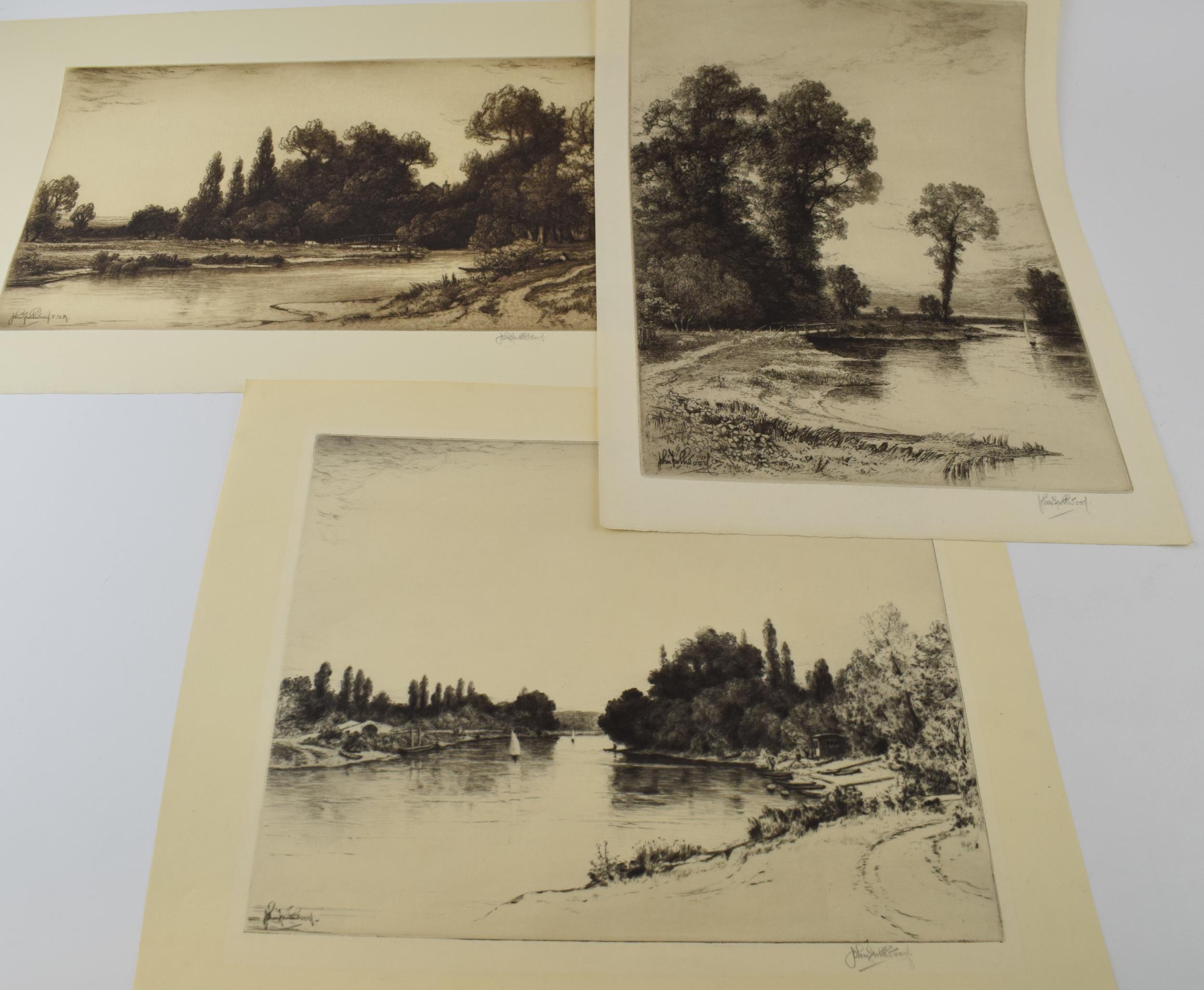 John Fullwodd. F.S.A Three signed etchings depicting river scenes. (3) 36cm x 21cm, 30cm x 24cm