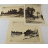 John Fullwodd. F.S.A Three signed etchings depicting river scenes. (3) 36cm x 21cm, 30cm x 24cm