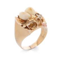 14ct yellow gold ring with oak leaf design and rose gold acorn set with two deers teeth. Of