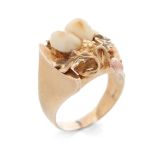 14ct yellow gold ring with oak leaf design and rose gold acorn set with two deers teeth. Of