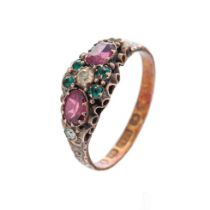 Antique 15ct gold ring set amethysts and paste stones, 2.0 grams, hallmarked, size P/Q.