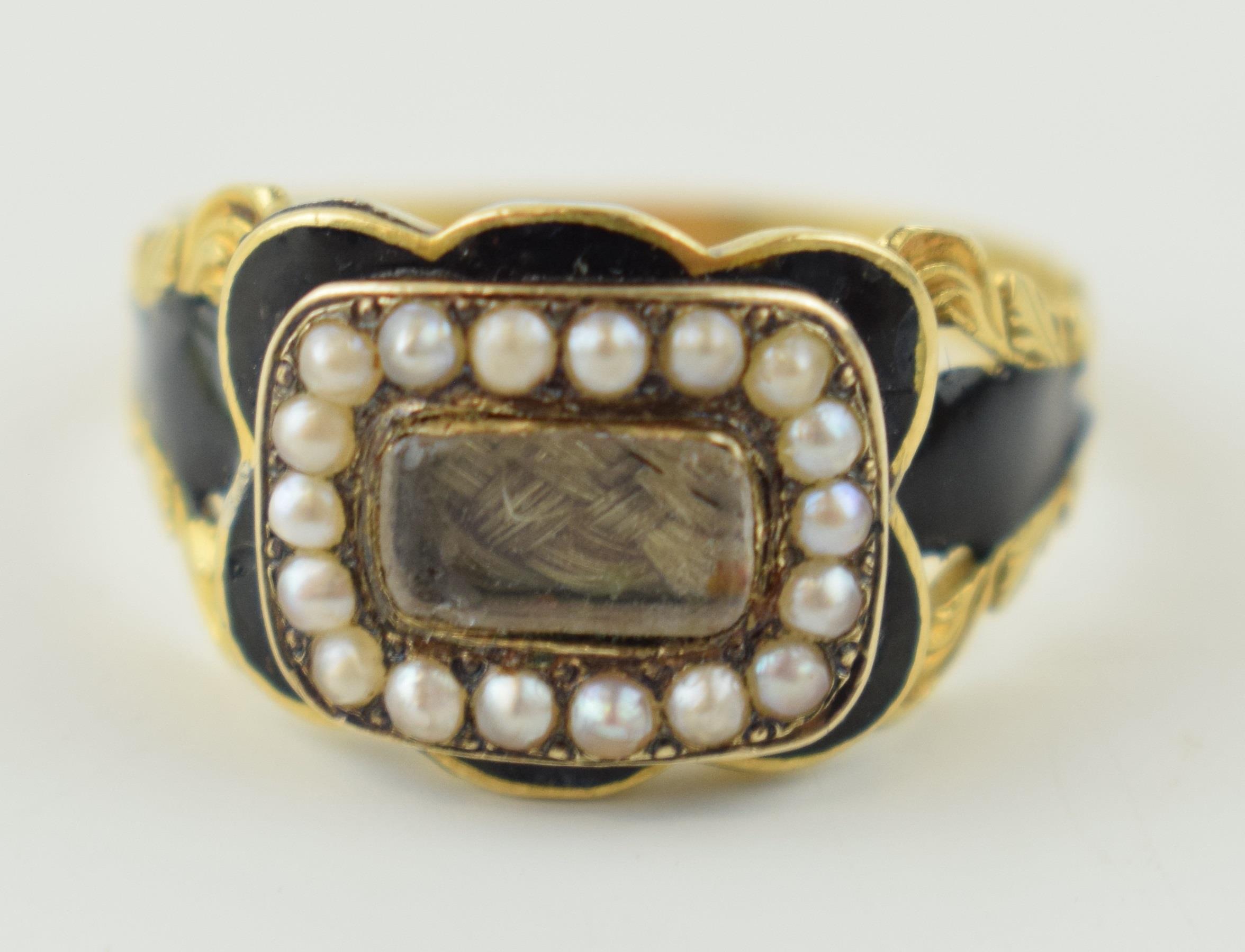 18ct gold Georgian mourning ring set pearls and enamelled decorating, hallmarks rubbed, 3.1 grams, - Image 2 of 4