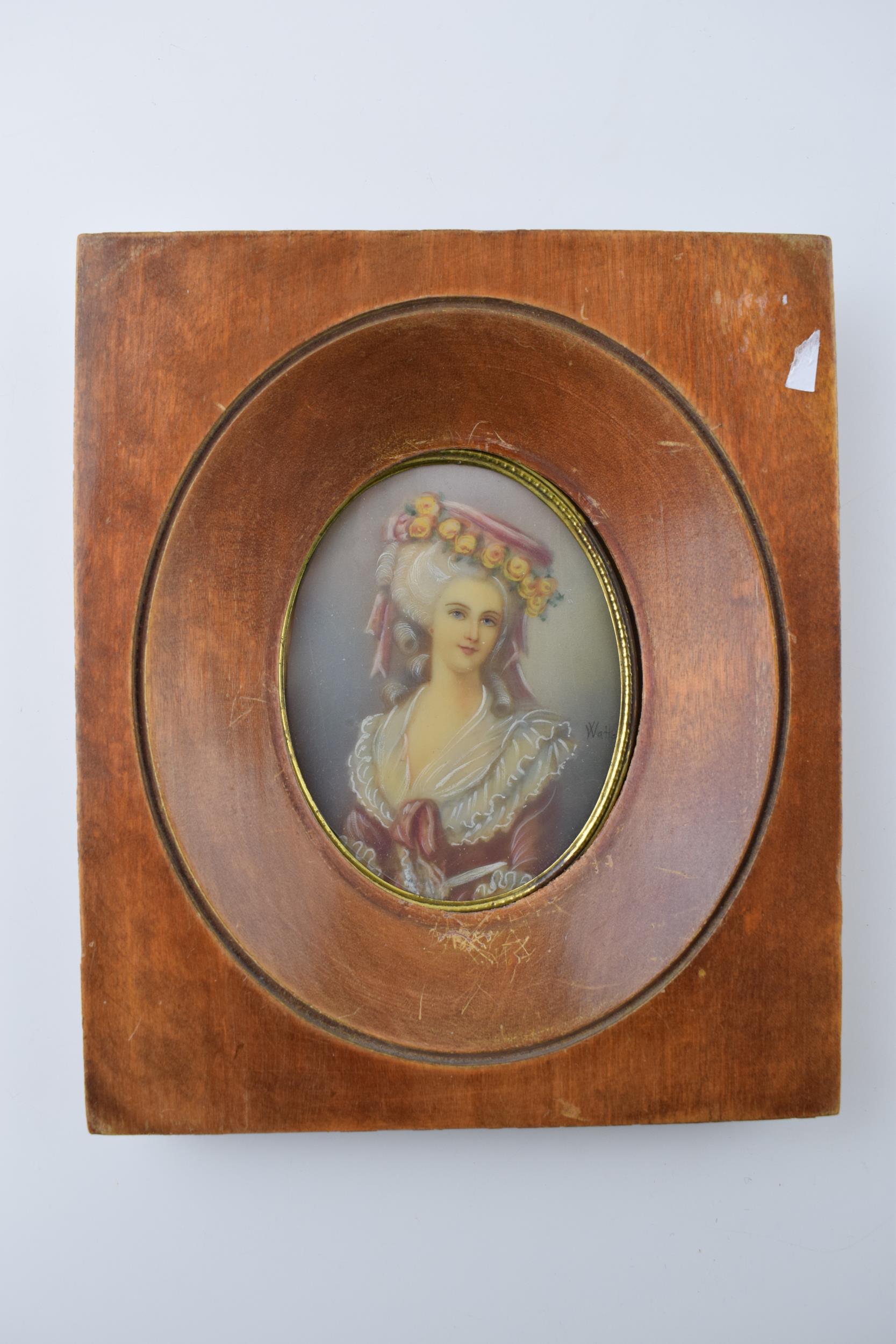 A framed and signed miniature of a lady, maybe signed 'Watton', 16 x 14cm. - Image 2 of 4