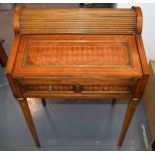 French walnut tambour drop-front writing desk with single drawer, brass fixtures, 65x43x95cm tall.