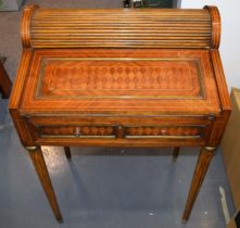 French walnut tambour drop-front writing desk with single drawer, brass fixtures, 65x43x95cm tall.