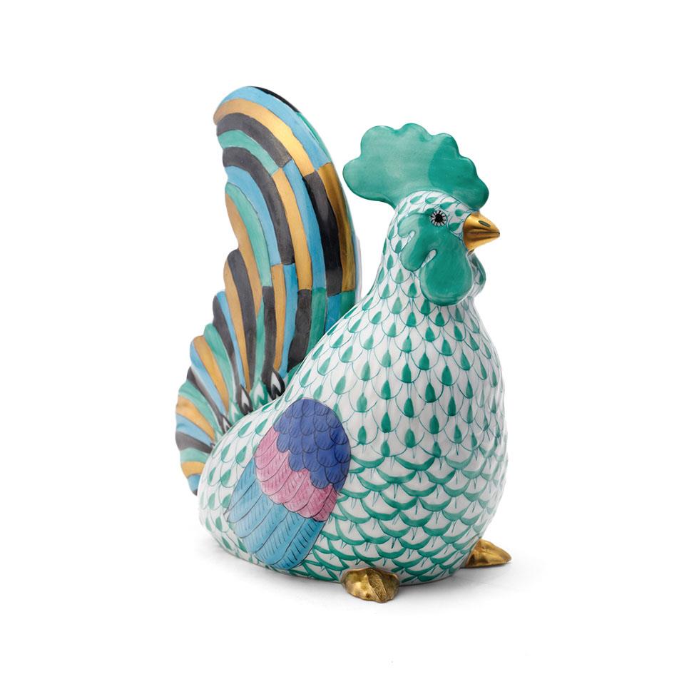 Herend pottery (Hungary) figure of a Cockerel, in green fishnet decoration, 15cm tall. In good
