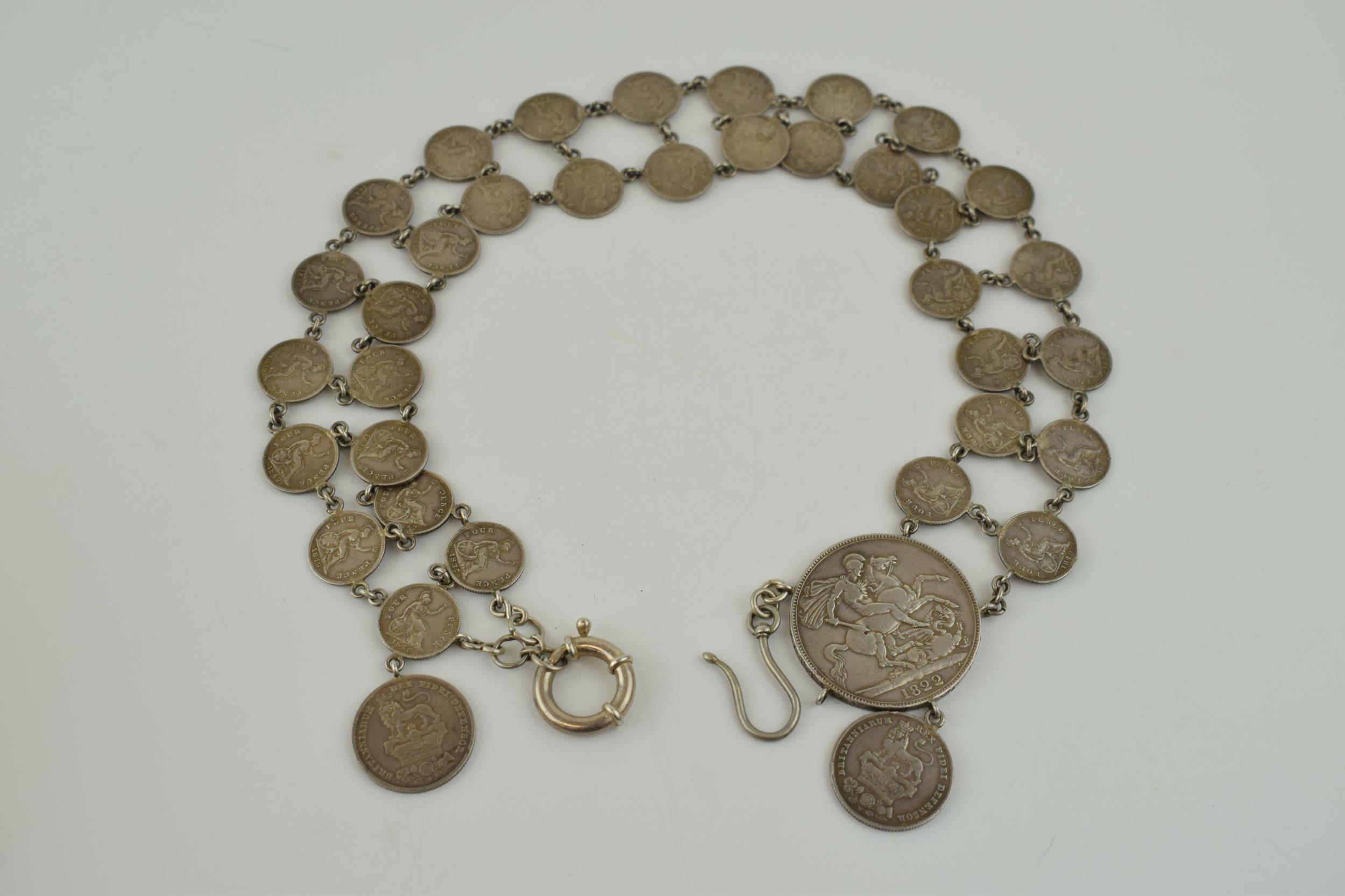 Georgian and Victorian silver coin necklet / chain to include a Georgian 1822 crown with other - Image 2 of 6