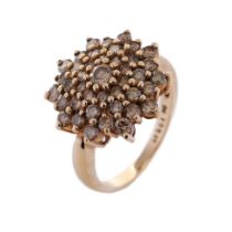 9ct gold diamond cluster ring, claw set champagne round-brilliant cut diamonds, stamped '9ct' and '