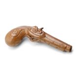 19th century brown salt glazed stoneware novelty flask, as a flintlock pistol, 24cm long.
