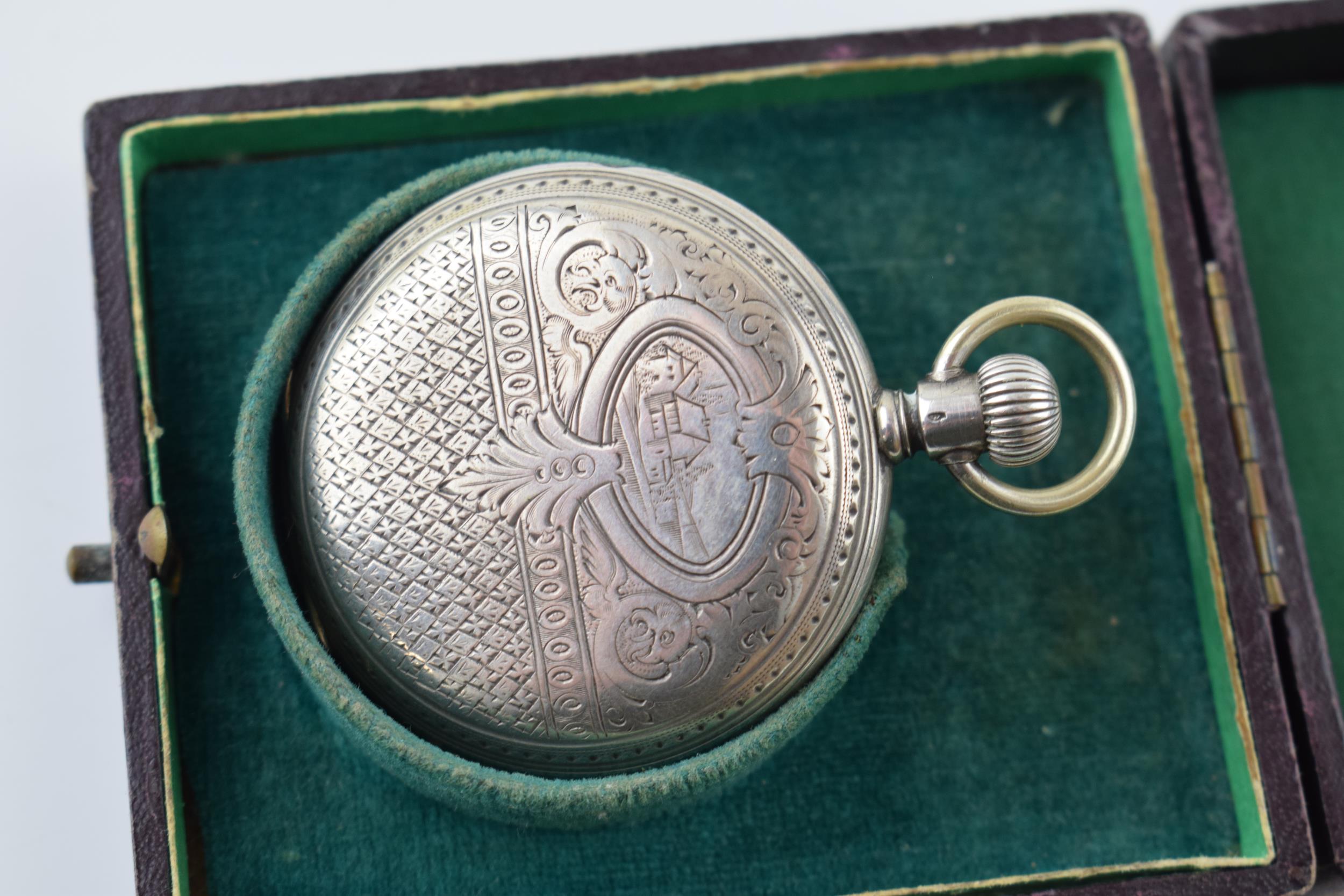 Longines silver full hunter pocket watch marked .800 to inner case. White ceramic dial with Roman - Image 5 of 9