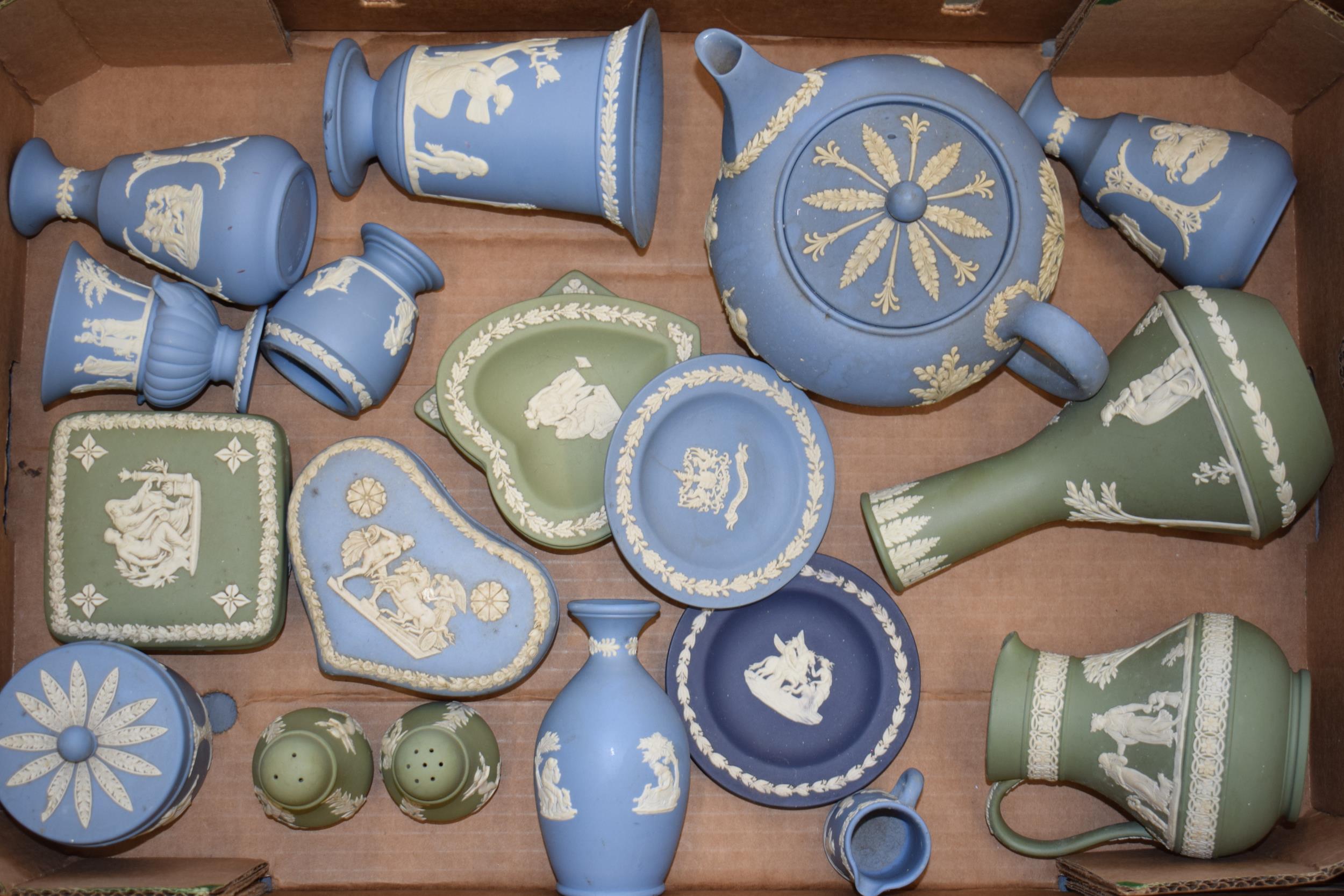 Wedgwood Jasperware in green and blue to include a teapot, trinkets, vases and others (Qty).