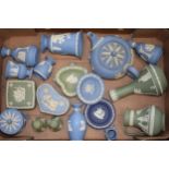Wedgwood Jasperware in green and blue to include a teapot, trinkets, vases and others (Qty).
