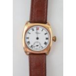 A gold plated gentleman's Waltham U.S.A manual winding wristwatch on brown leather strap. Watch a/f.