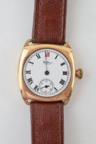 A gold plated gentleman's Waltham U.S.A manual winding wristwatch on brown leather strap. Watch a/f.