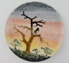 Cobridge Stoneware trial charger in the African Sunset design, signed Anji Davenport, 21cm diameter.