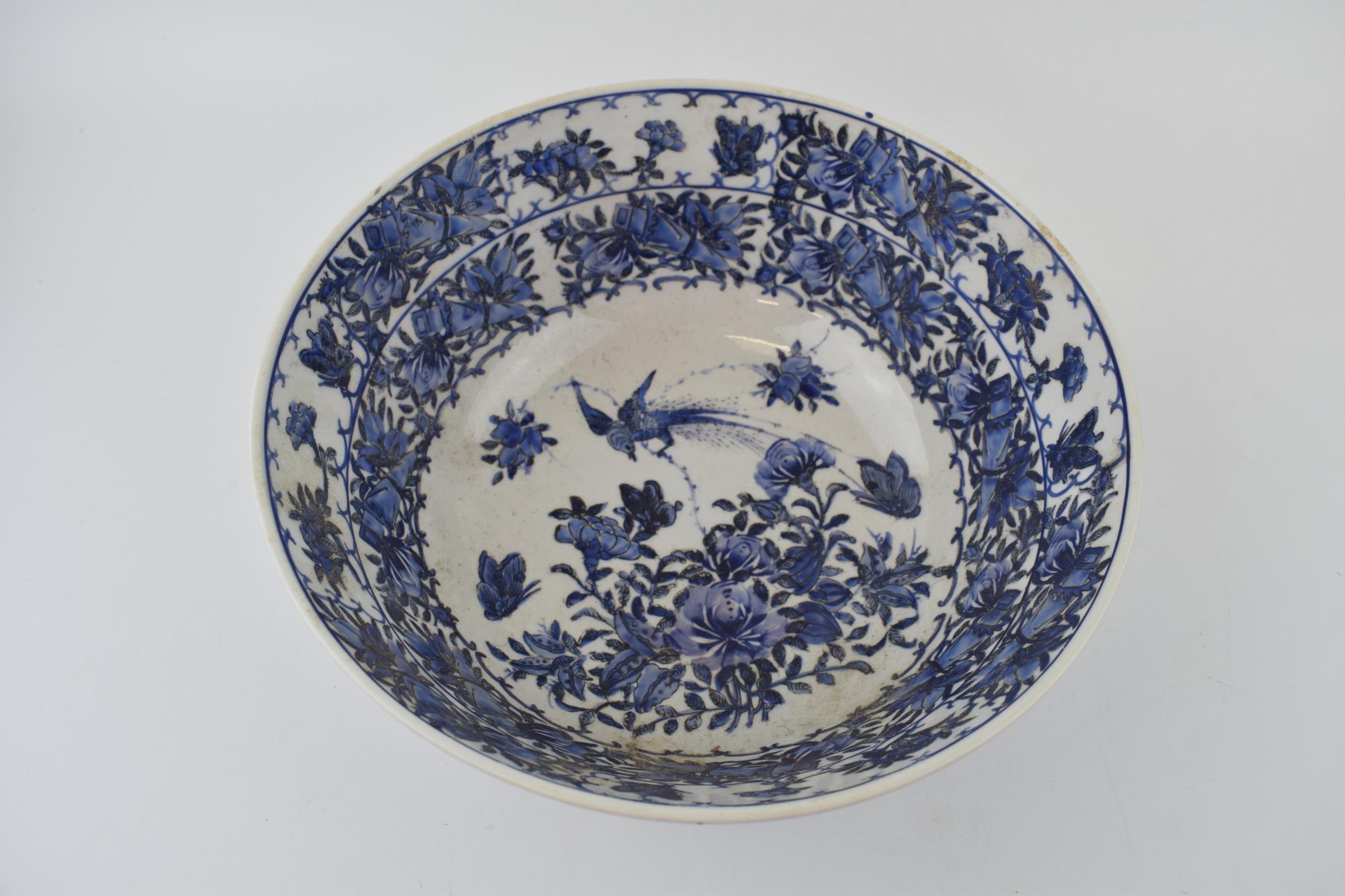 A large blue and white Chinese bowl with character marks to the base. 10” wide. In good condition. - Image 3 of 4