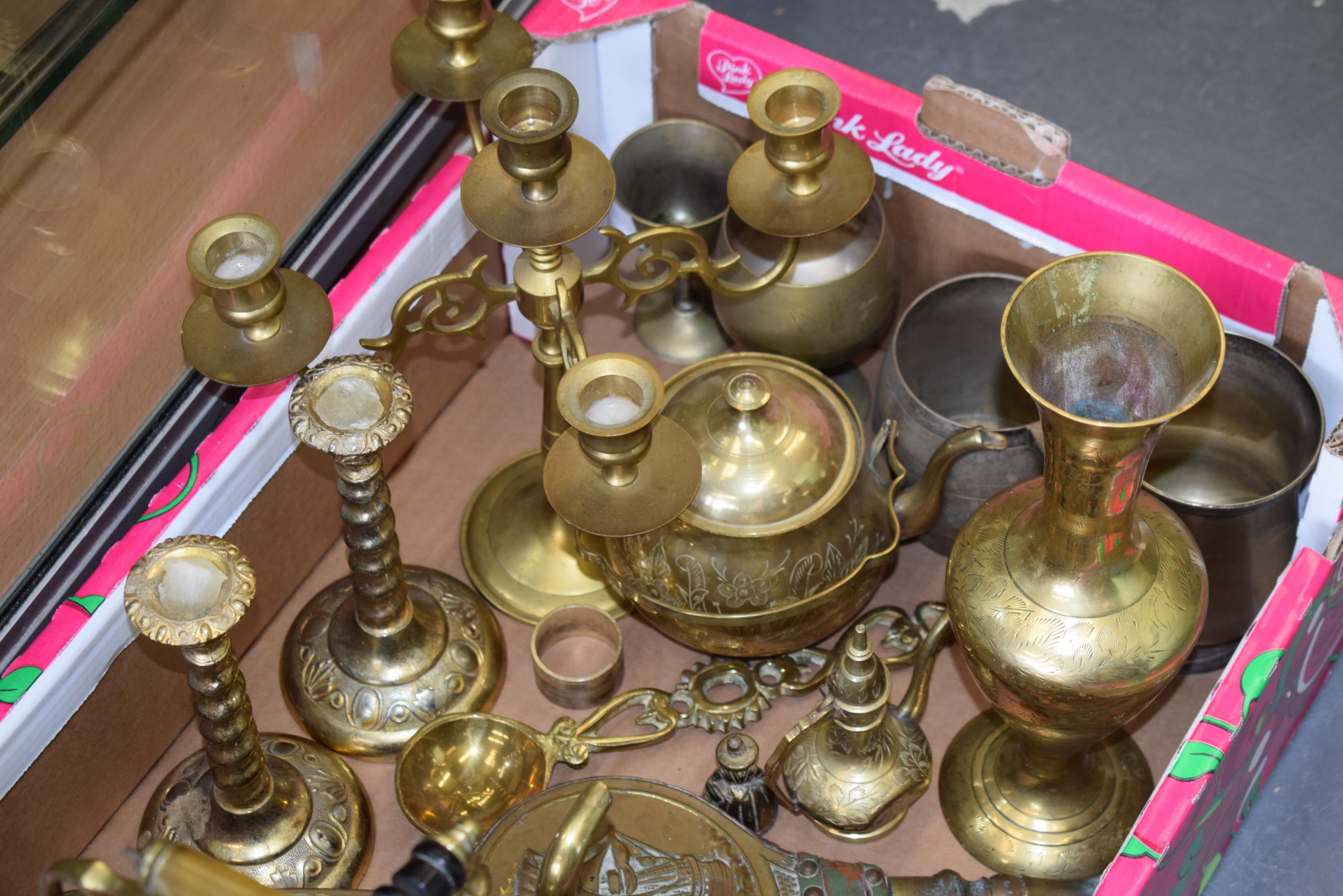 Metalware to include a brass spirit kettle, candlesticks, a candelabra and others (Qty). - Image 4 of 4