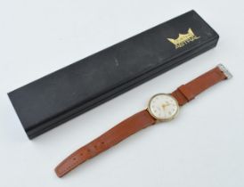 Boxed 9ct gold gentleman's Astral wristwatch, inscribed British Rail 38 years service to case.