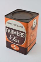 Vintage West Midlands Farmers Tea 5 lbs tin, 23.5cm tall, with original stickers.