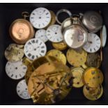 A collection of pocket watch movements to include fusee examples and two silver cases (smaller of