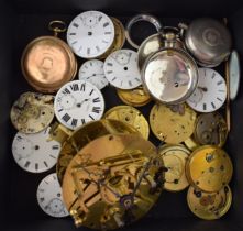 A collection of pocket watch movements to include fusee examples and two silver cases (smaller of