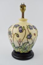 Moorcroft bulbous lampbase in the Ashwood Hepatica design, 20cm tall exc brass fitting. In good