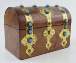 Victorian domed top stationary box, brass bound, turquoise set stones, fitted interior, 19.5cm wide.
