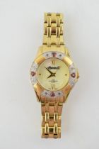 Ingersoll 100M water resistant lady's quartz watch, stone set bezel, untested, gilt bracelet.