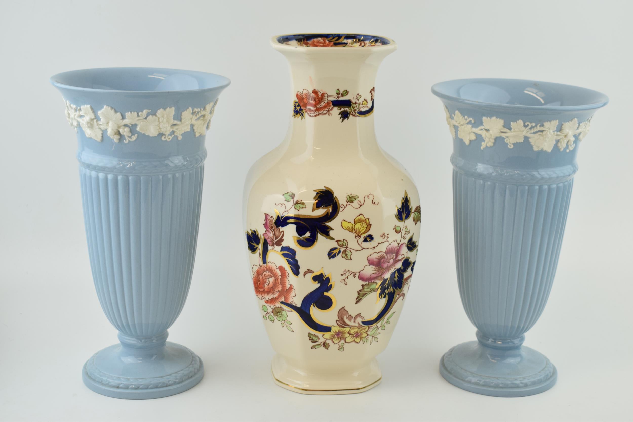 A pair of Wedgwood Queensware large trumpet vases, 27cm tall, with a Masons Blue Mandalay vase (