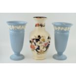 A pair of Wedgwood Queensware large trumpet vases, 27cm tall, with a Masons Blue Mandalay vase (