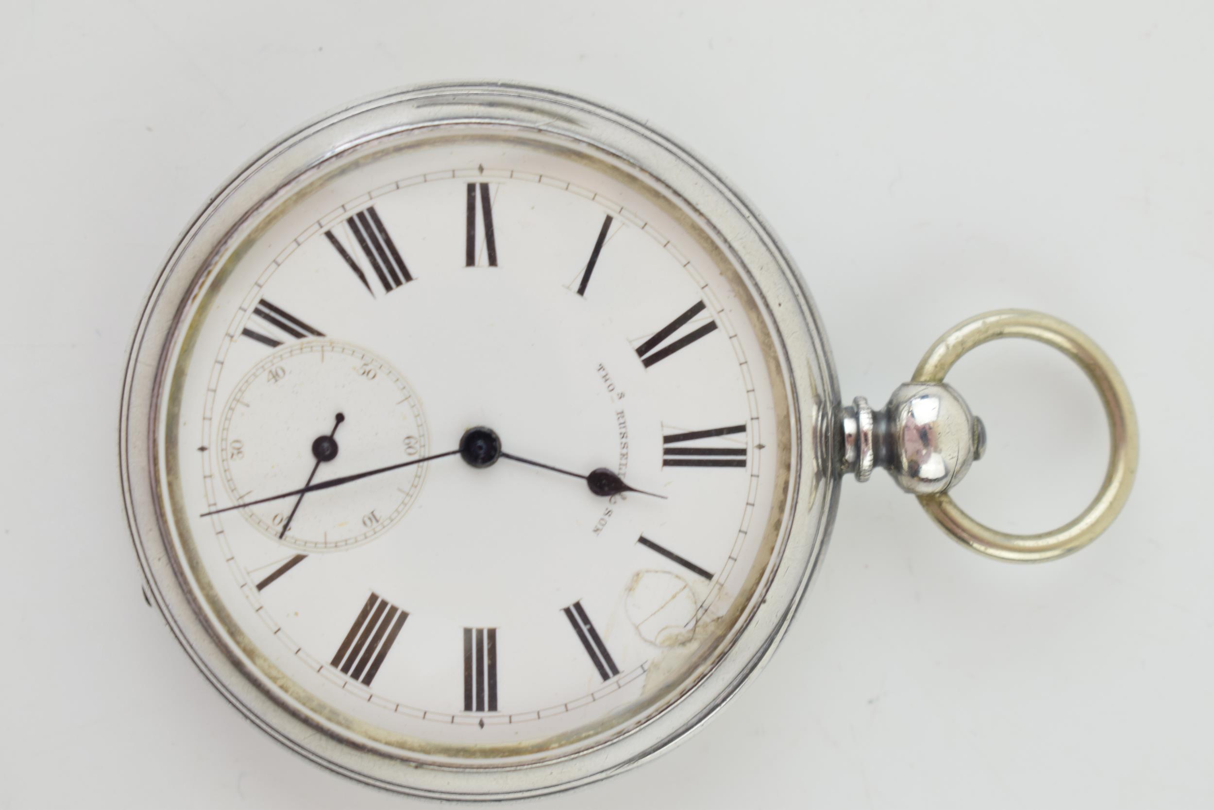 Hallmarked silver cased pocket watch, Thomas Russell & Son, Chester 1880, damage to dial, with - Image 2 of 3