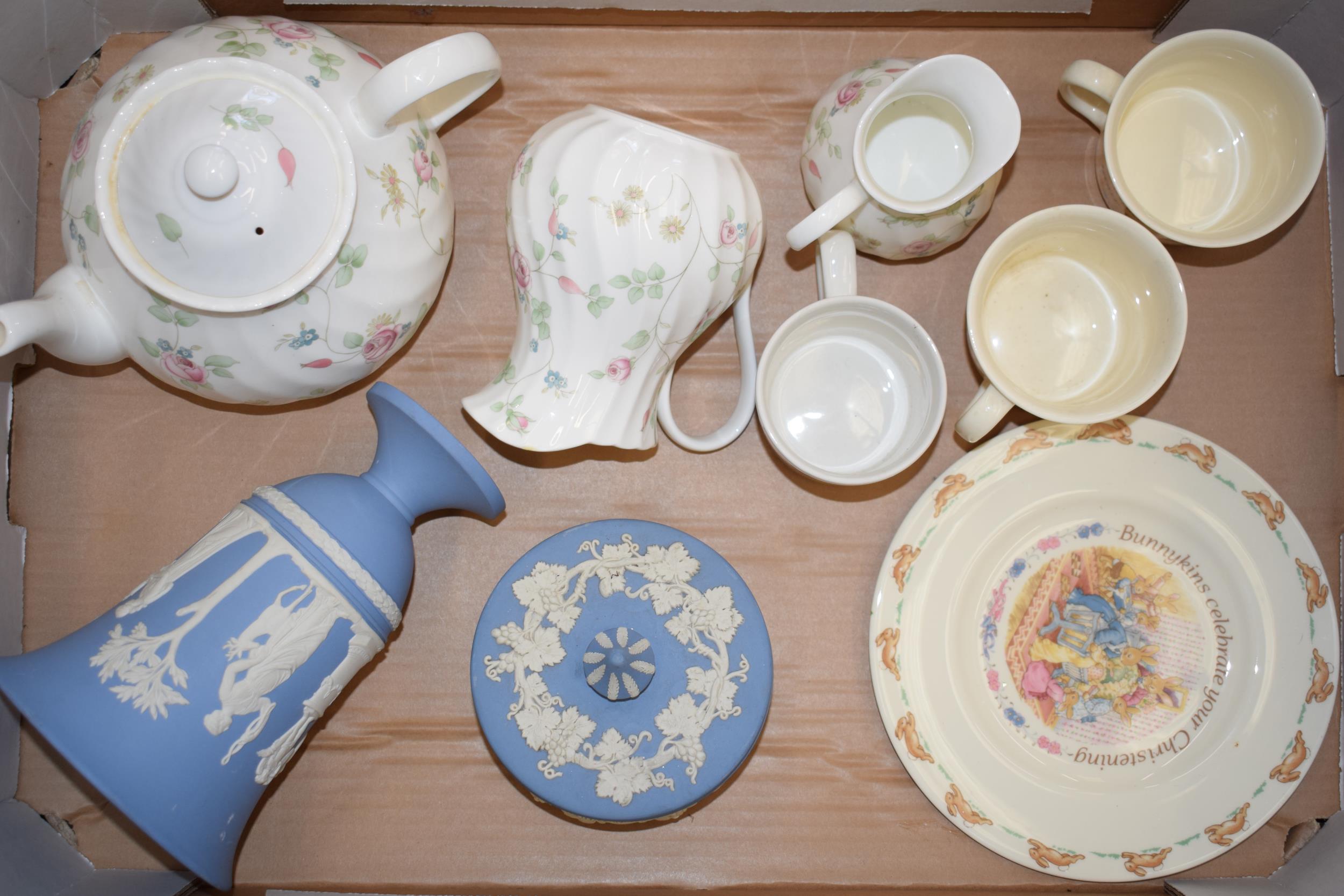 Wedgwood to include a Rosehip ribbed teapot and others, Jasperware and a Doulton Bunnykins plate (