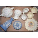 Wedgwood to include a Rosehip ribbed teapot and others, Jasperware and a Doulton Bunnykins plate (