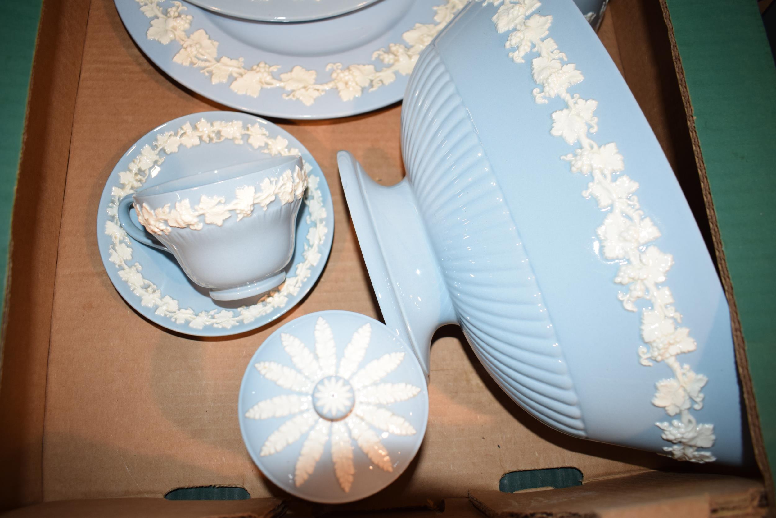 Wedgwood Queensware, white on blue, to include a tea cup and saucer, 2 dinner plates, a tazza, a - Image 5 of 5