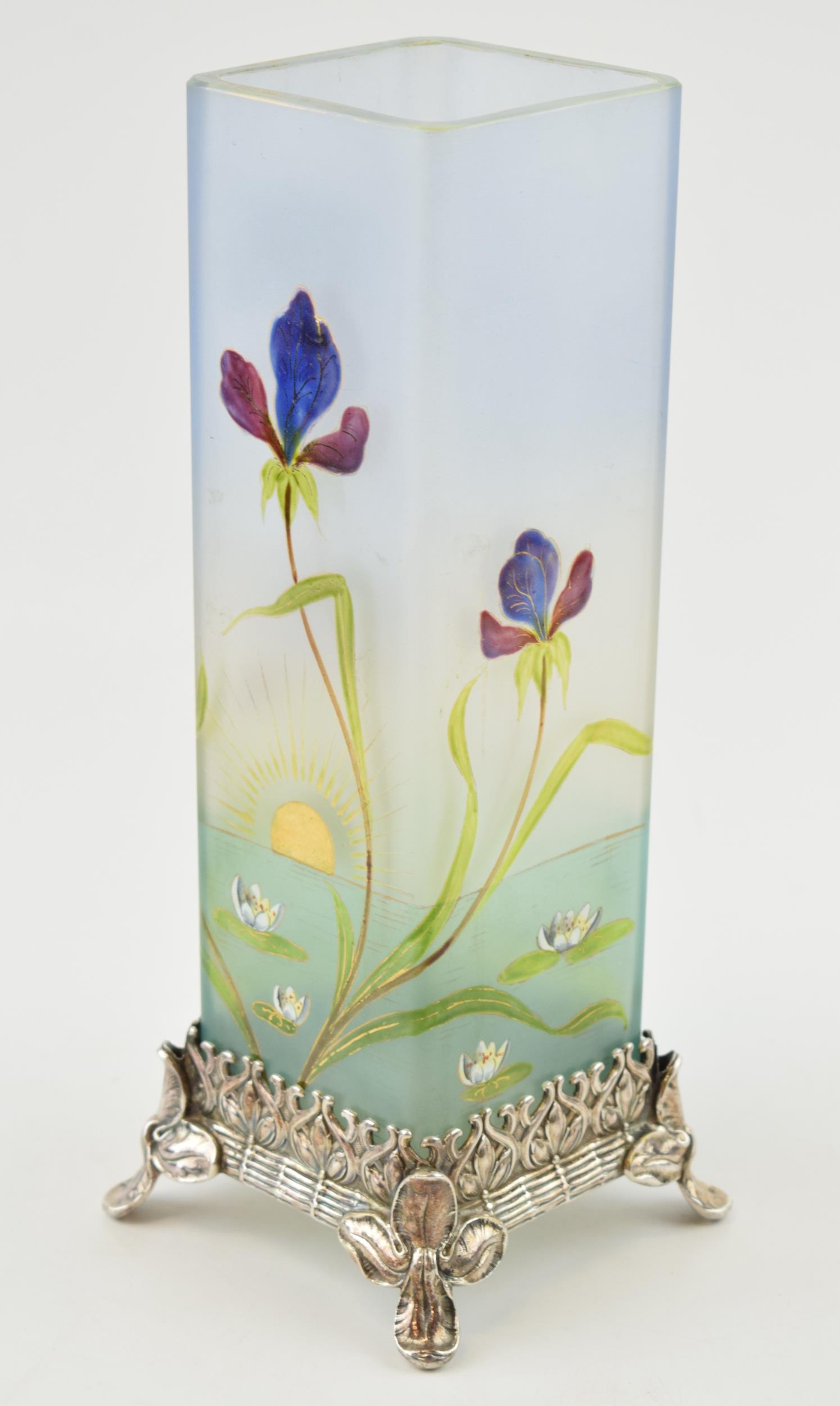 WMD Arts and Crafts metal base, ornate floral decoration, with painted glass vase, 10cm wide, 25.5cm